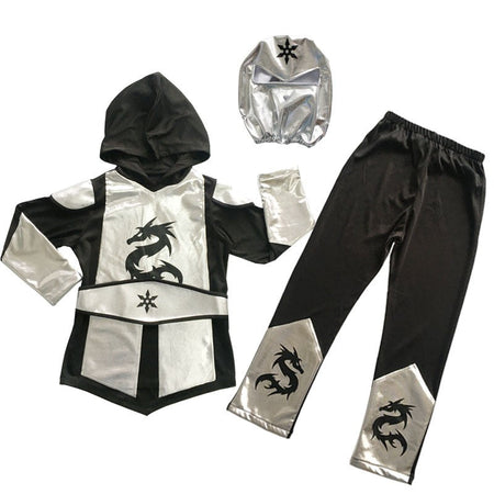 Kids Gold Sliver Dragon Ninja Cosplay Costume Boys Samurai Cosplay Hooded Pants Party Fancy Costume for Height 110-130cm