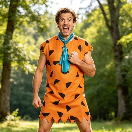 unisex Caveman Cosplay Costume Orange dress With Blue Tie Stone Age Outfit For Theme Party Masquerade Carnival Halloween Cosplay