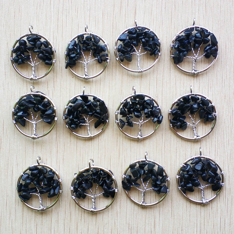 Natural Amethysts Roses Quartz Stone Handmade Wire Wrapped Tree of Life Pendants 30mm for Jewelry Marking Wholesale 12pcs/lot