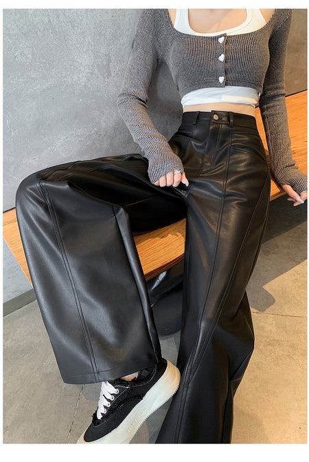 2025 New High Waist Vintage Black Women's PU Leather Wide-Leg Pants Loose Straight Retro Casual Floor-Length Pant Autumn Winter