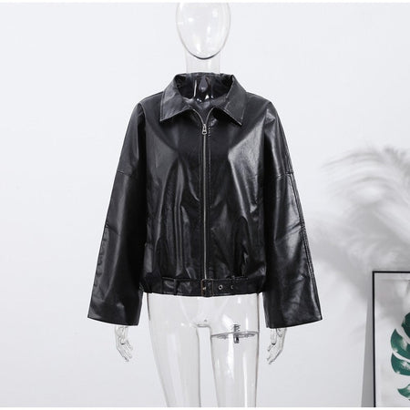 Street Stand Collar Women's Leather Jacket Loose Long Sleeve Zipper Pockets Chic Female Coats 2025 Autumn Winter Lady Outerwear