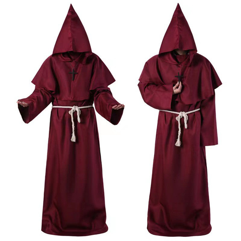 Halloween Wizard Cosplay Medieval Monk Hooded Robe Costume Mask Hat For Men Steampunk Priest Horror Masquerade Unisex Cloak Cape