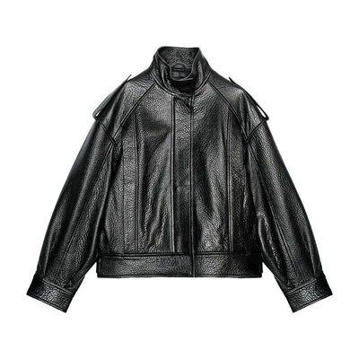 Street Stand Collar Women's Leather Jacket Loose Long Sleeve Zipper Pockets Chic Female Coats 2025 Autumn Winter Lady Outerwear