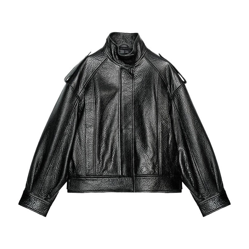 Street Stand Collar Women's Leather Jacket Loose Long Sleeve Zipper Pockets Chic Female Coats 2025 Autumn Winter Lady Outerwear