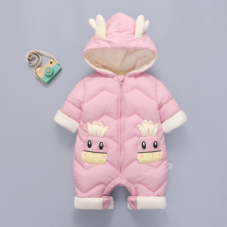 Demin-season Winter Kids Boys Rompers 2025 Cartoon Pockets Hooded Bodysuit For 0-3Y Newborn Infant Babys Boys One-piece Jumpsuit