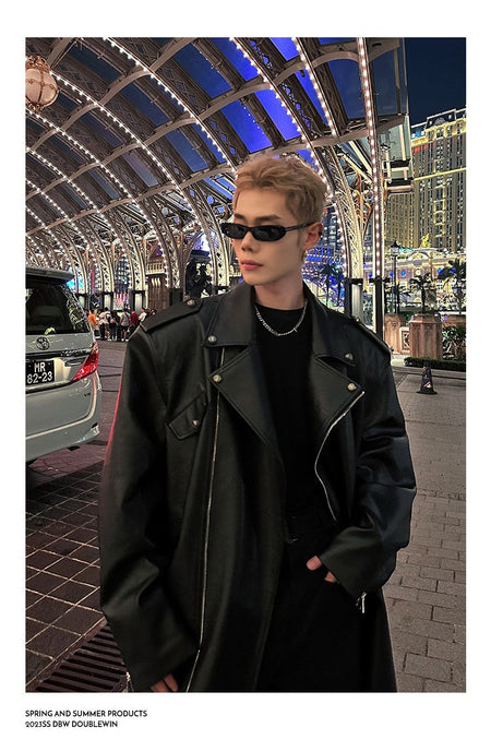 Mauroicardi Spring Autumn Oversized Cool Extra Long Black Pu Leather Trench Coat Men Zipper Loose Luxury European Fashion 2023