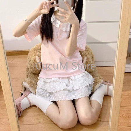 Sweet Cute Lace Cake Skirt Kawaii Lolita Japanese Mini Layered Ruffles Skirts Y2k Harajuku Casual Women Summer 2025 Skirts