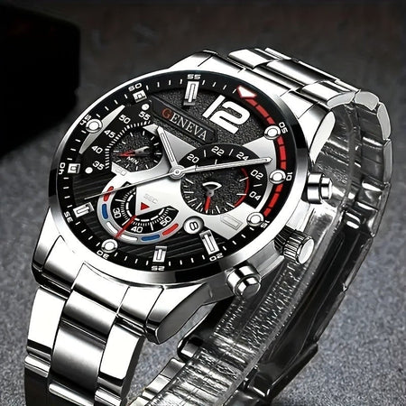 4pcs fashionable men's quartz watch - stainless steel strap, round zinc alloy case, electronic sports