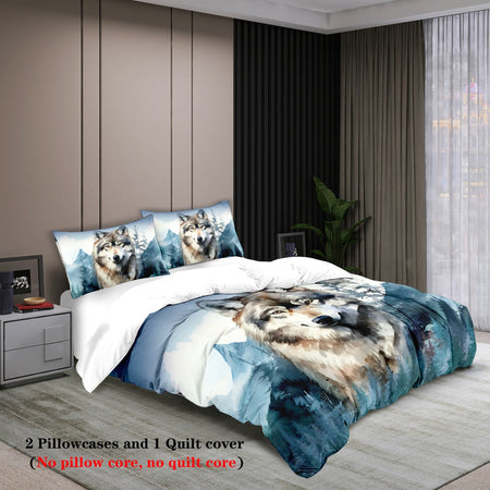 3-piece set, wolf pattern printed bedding set, queen, king, double bed, for bedroom, guestroom, hotel, home decoration