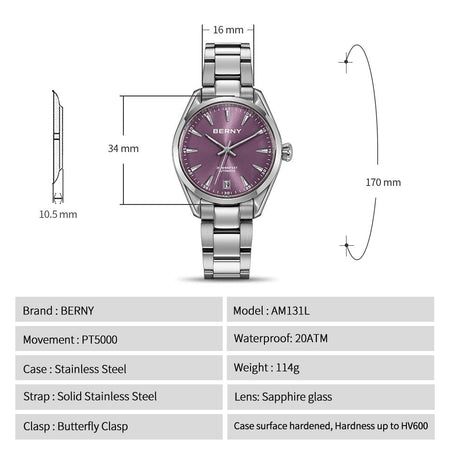 BERNY Automatic Women Watch PT5000 Sapphire Mechanical Elegant Women's Swim Watches 20ATM Full Stainless steel Swim Wristwatch