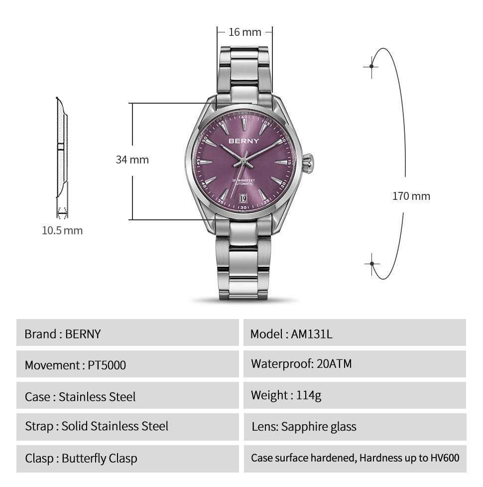 BERNY Automatic Women Watch PT5000 Sapphire Mechanical Elegant Women's Swim Watches 20ATM Full Stainless steel Swim Wristwatch