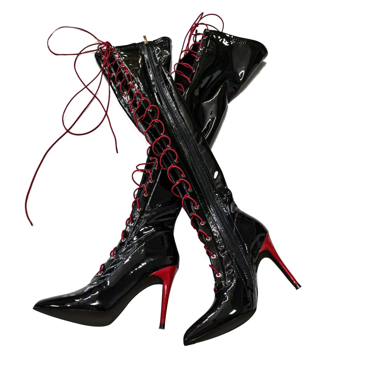 13CM Thin Heel Black Lace-up Over the knee Boots Woman Fetish Pointy Toe Boots Elastic Leather Thigh High Sexy Women Party Shoes