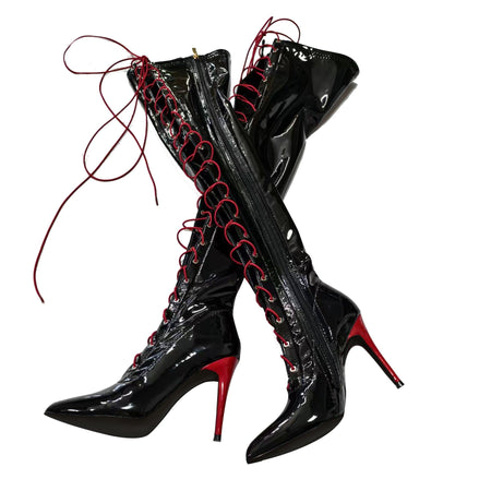 13CM Thin Heel Black Lace-up Over the knee Boots Woman Fetish Pointy Toe Boots Elastic Leather Thigh High Sexy Women Party Shoes