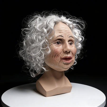 Realistic Old Woman Latex Mask with White Curly Hair, Full Head Elderly Grandma Mask for Halloween Cosplay, Horror Costume Party
