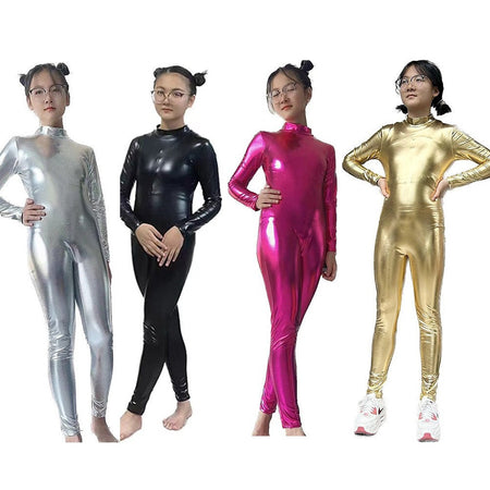 Kids Shiny Full Body Zentai Suit Metallic Tight Jumpsuit Halloween Cosplay Stage Performance Costume for Girls Boys