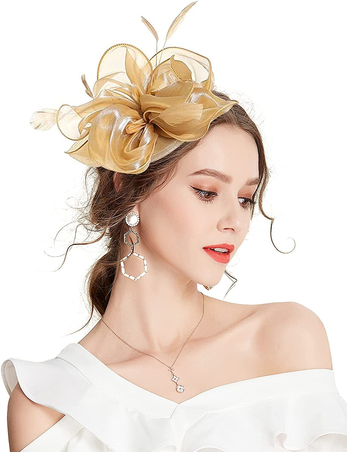 New Women's Organza Fascinators Feather Flower Kentucky Derby Hat Headdress Pillbox Hat for Wedding Tea Party Headwewar Clips