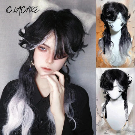 OLACARE Short Mullet Head Wigs with Bangs Synthetic Straight Anime Men Black White Gray Green Hair Wig for Daily Party Cosplay