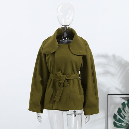 Woolen Solid Women Coat Fashion Belt Patchwork Lace Up Full Sleeve Lapel Lady Jacket 2025 Autumn Winter Female Loose Streetwear