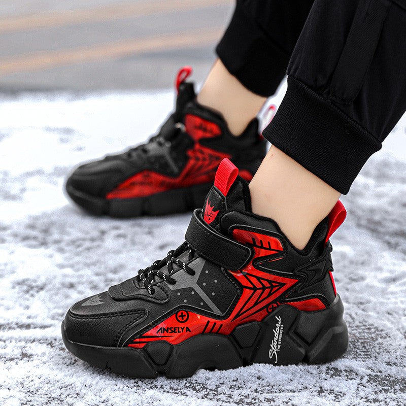 Winter Children's Fashion Sports Shoes Leather Boys' Running Sneakers Flat Casual Walking Shoes Warm Lightweight Outdoor Boots