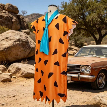 unisex Caveman Cosplay Costume Orange dress With Blue Tie Stone Age Outfit For Theme Party Masquerade Carnival Halloween Cosplay