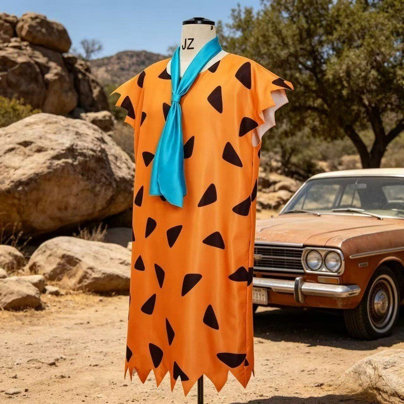 unisex Caveman Cosplay Costume Orange dress With Blue Tie Stone Age Outfit For Theme Party Masquerade Carnival Halloween Cosplay