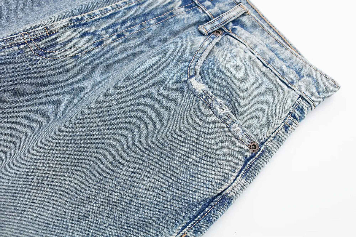 HH 2024 Women's Street Fashion Denim Blue Jeans Distressed Patchwork High Waist Zipper Fly Ripped Retro Long Pants