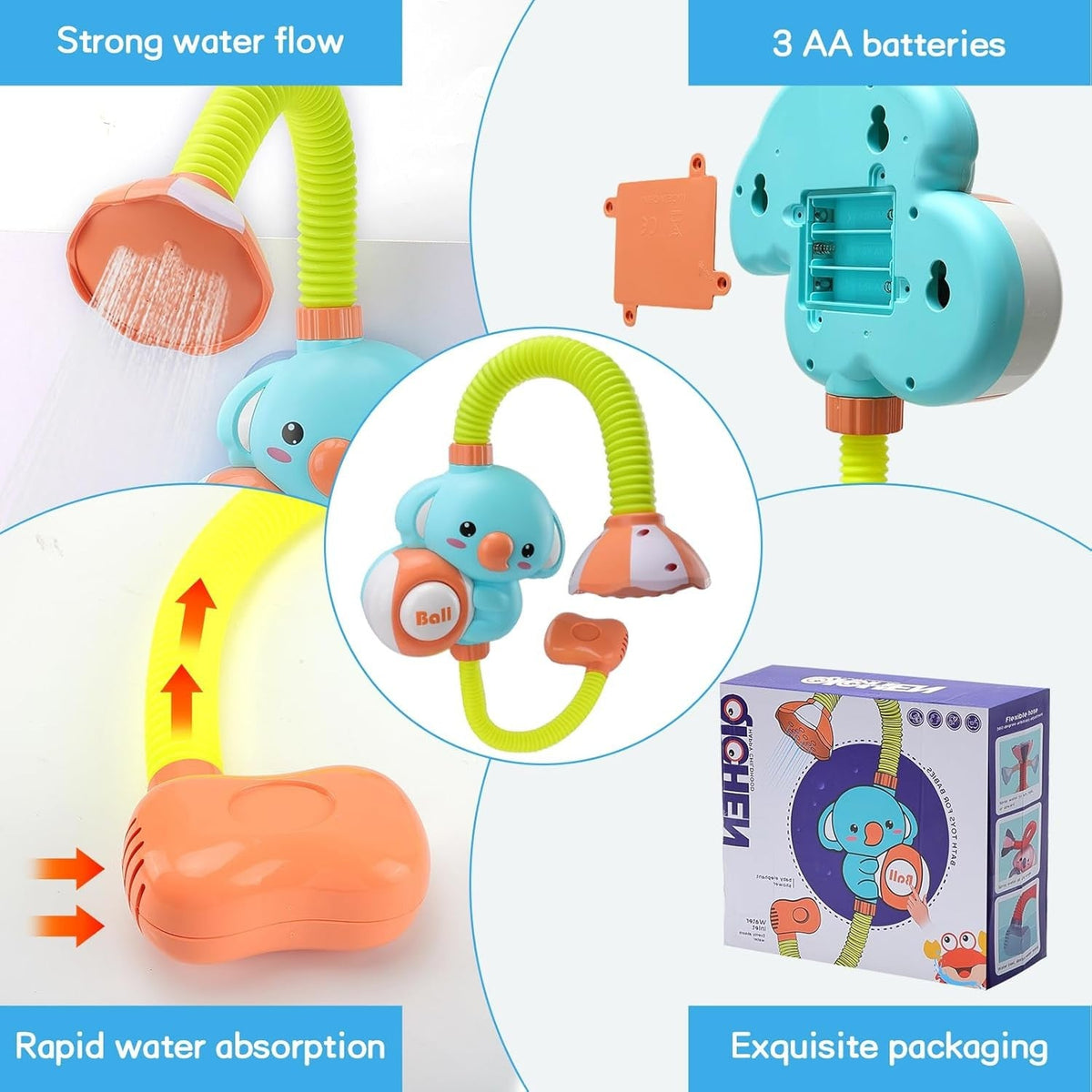 1Set Cartoon Cute Little Elephant Electric Shower, 360°Jet Water Wash Head, Baby Bath Sprayer, Bathroom Fun Water Play Toy