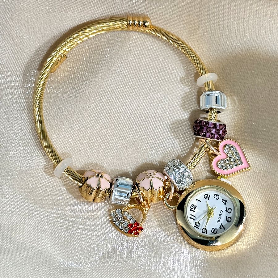 Cross-border Gold Bracelet Watch Adjustable opening Alloy bracelet Quartz Watch Beaded Small flower bracelet Watch