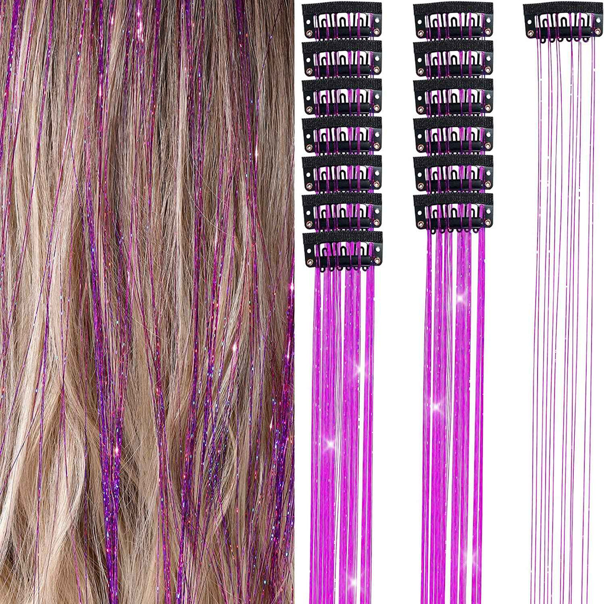 6Pcs 50cm Sparking Shiny Hair Tinsel Hair Extensions Tinsel Synthetic Hair Clip  Extensions Women for Braiding Headdress