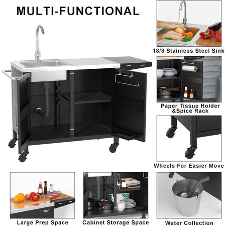 outdoor grill table with sink,metal grill cart, outdoor kitchen island with stainless steel sink,l57*w21.65
