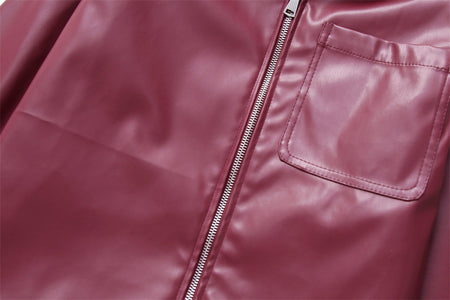Women Vintage Wine Red Faux Leather Jakcet Fashion Outerwear Zipper Lapel Pu Coats Autumn Winter Streetwear Ladies Short Tops