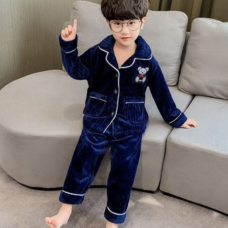 Boys Autumn Winter Thickened Flannel Coral Fleece Pajama Set Warm Kids Sleepwear Homewear