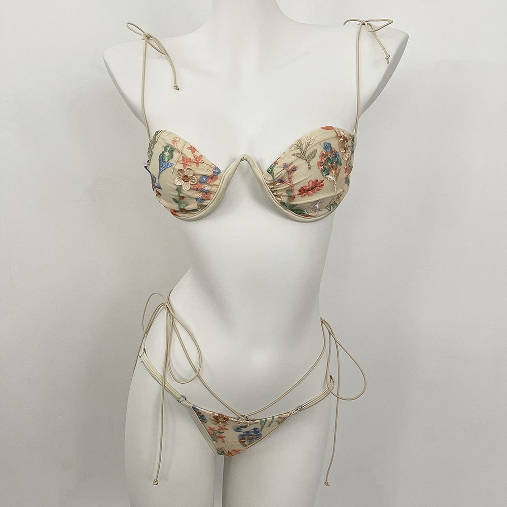 DEBAIOR 2025 Women Bikini Set Floral Embroidery Lingerie Set Women Sheer 2-Piece Boho Bra + Panty Underwear Set Intimates