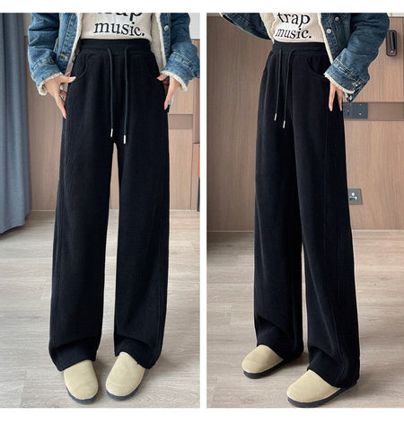High Waist Warm Trousers Fashion Winter Fleece Thickened Women's Pants Solid Color Loose Elastic Waist Straight Casual Pants