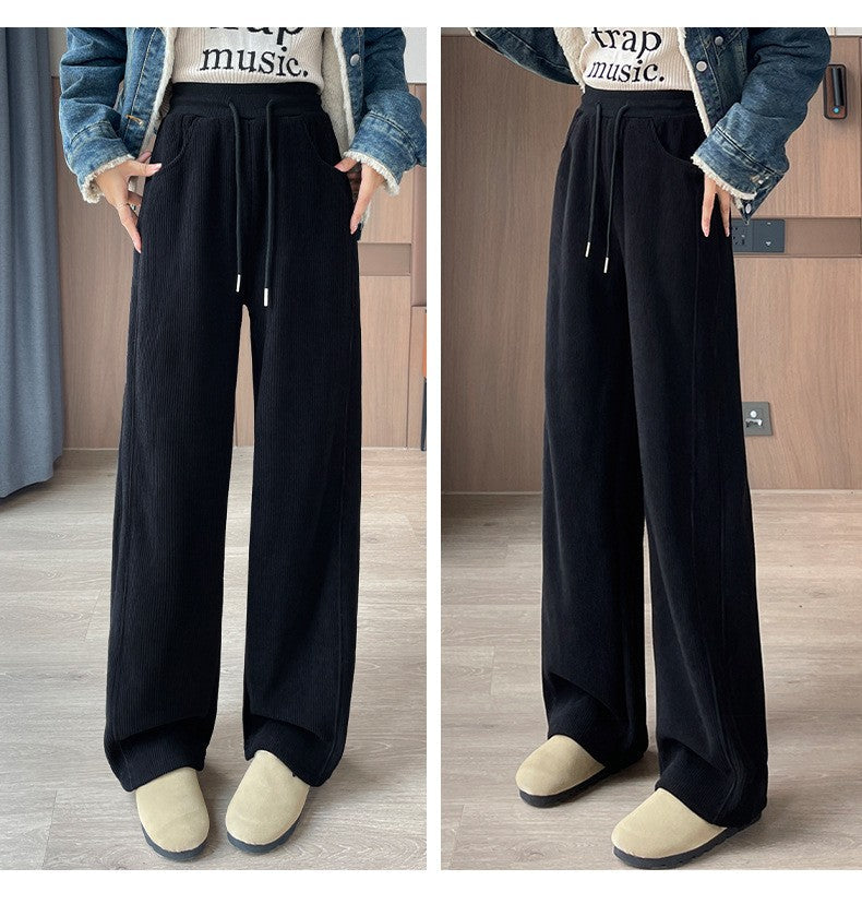 High Waist Warm Trousers Fashion Winter Fleece Thickened Women's Pants Solid Color Loose Elastic Waist Straight Casual Pants