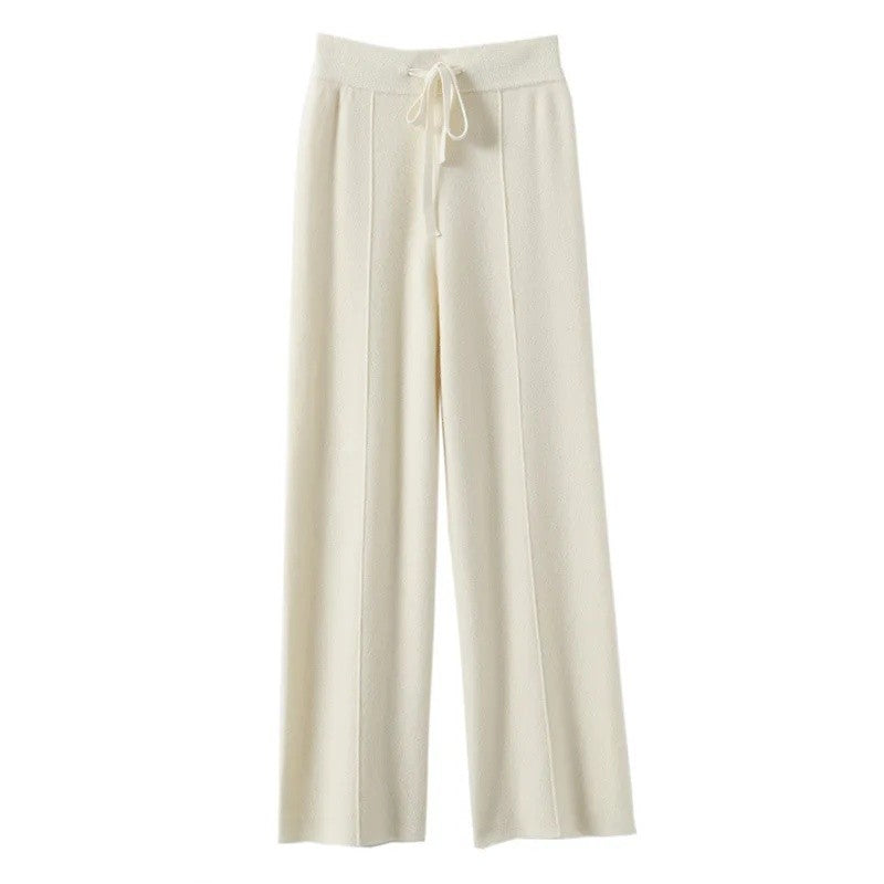 High Waist Wide Leg Pants Mid-Seam Knitted Trousers Drawstring Waist Belted Floor-Length Pure Color Versatile Autumn Winter Casu