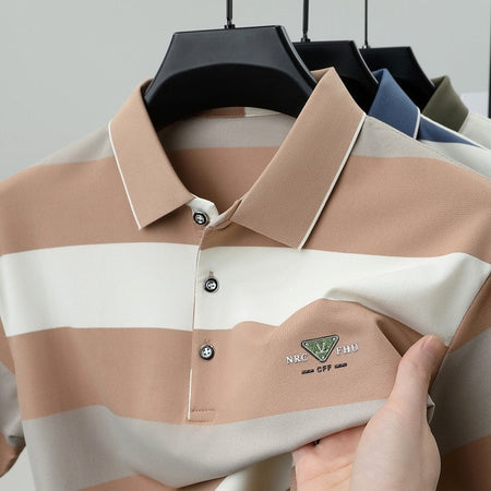 100% pure cotton fashion short sleeve polo shirt men's luxury brand embossed wide stripe color blocked summer casual lapel top