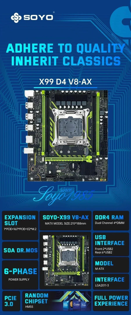 SOYO X99 Motherboard Set With LGA2011-3 Xeon E5 2630 V4 CPU DDR4 16GB (1*16GB)  2133MHz RAM NVME M.2 SATA Computer Accessories
