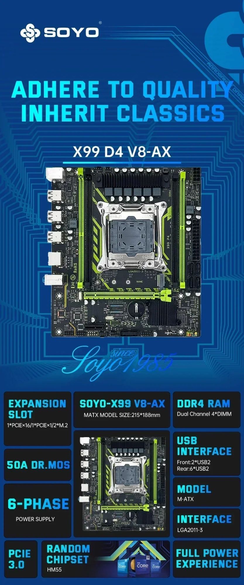 SOYO X99 Motherboard Set With LGA2011-3 Xeon E5 2630 V4 CPU DDR4 16GB (1*16GB)  2133MHz RAM NVME M.2 SATA Computer Accessories