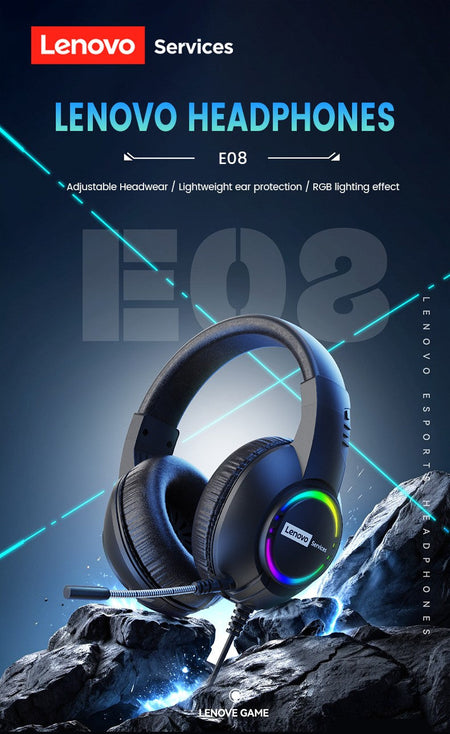 Lenovo E08 Wired Gaming Headphone with Microphone RGB Light Computer Laptop 7.1 Virtual Surround Sound Effects E-sports Headset