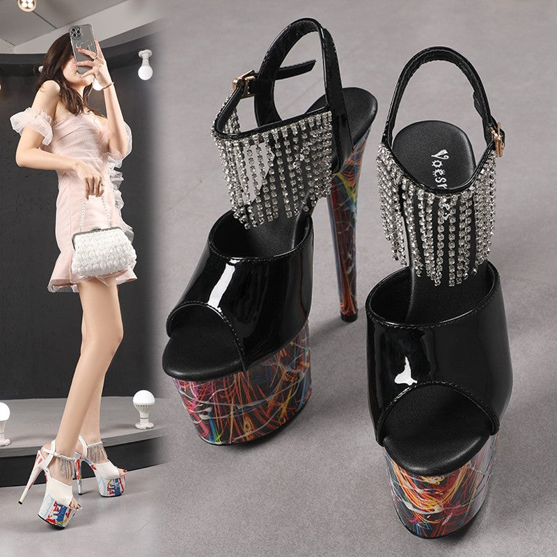 17CM Summer Shoes Women luxury Sandals Platform Ladies Shoes Stripper Womens High Heels Geometric Fluorescent Night light Heels