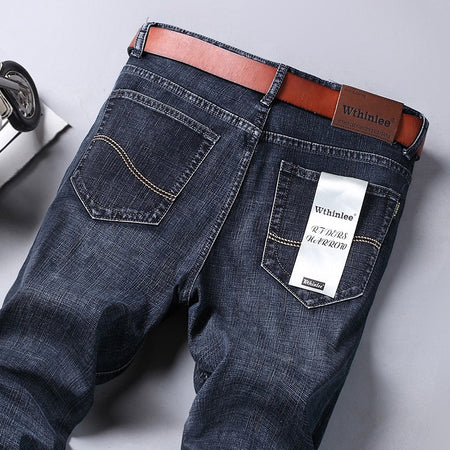 Spring Autumn Business Men Jeans Casual Straight Stretch Fashion Classic Black Sky Blue Grey Work Denim Trousers Brand Clothing