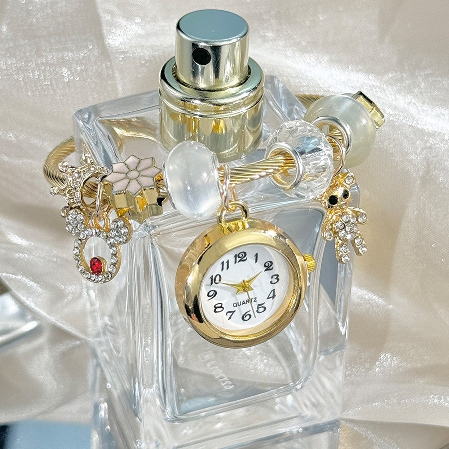 Cross-border Gold Bracelet Watch Adjustable opening Alloy bracelet Quartz Watch Beaded Small flower bracelet Watch