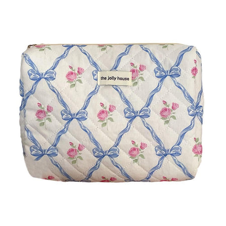 Cute Bow Flower Cloth Handbag Quilting Cotton Makeup Bag Women Zipper Cosmetic Organizer Portable Toiletry Case for Girls