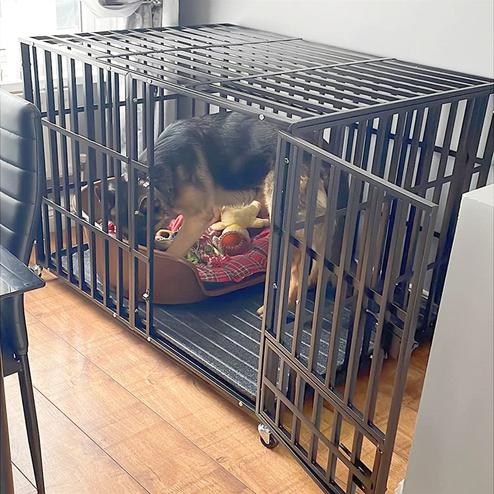 XXL Large Heavy Duty Dog Crate Strong Pet Cage Tear Resistant Square Tube Metal Kennel Playpen with Lockable Wheels and Tray