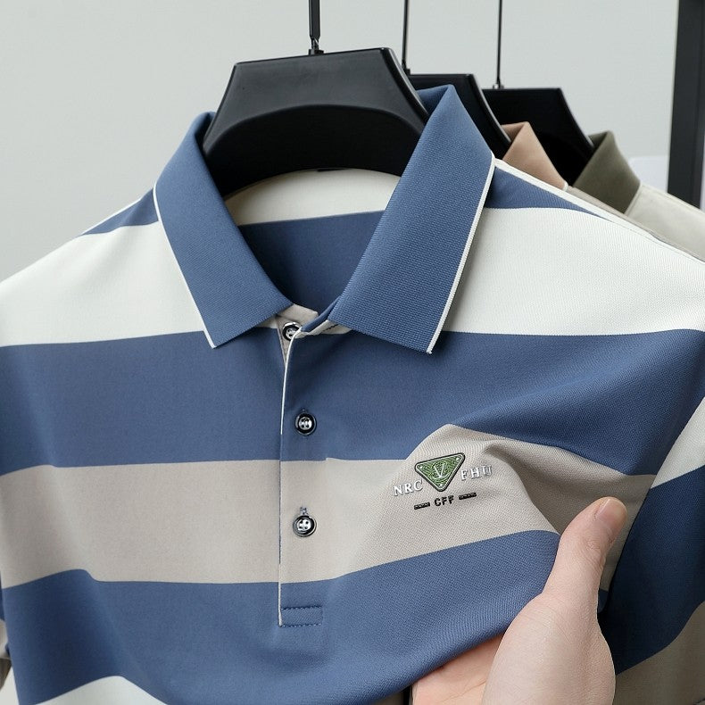 100% pure cotton fashion short sleeve polo shirt men's luxury brand embossed wide stripe color blocked summer casual lapel top