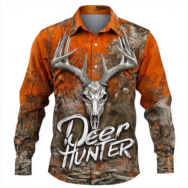 Retro Men's 3D Reindeer Print Shirt Men's Long-sleeved Shirt Breathable Casual Button Loose Top Ethnic Retro Lapel Shirt