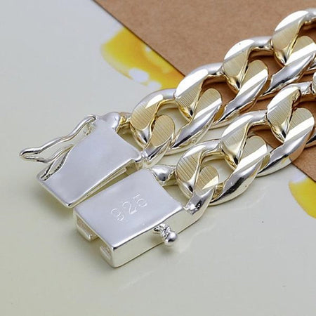 925 Sterling Silver Colorful 10 MM Sideways Cuban Chain Mens & Womens Wedding Bracelet Fashion Charm Birthday Gift