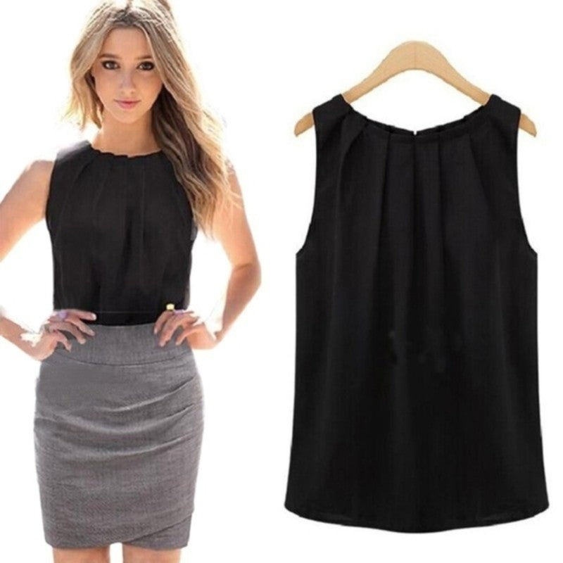 Travel Work Blouse Women New Summer Blouse Fashion Sleeveless Round Neck Chiffon Blouse Cloth Vestidos
