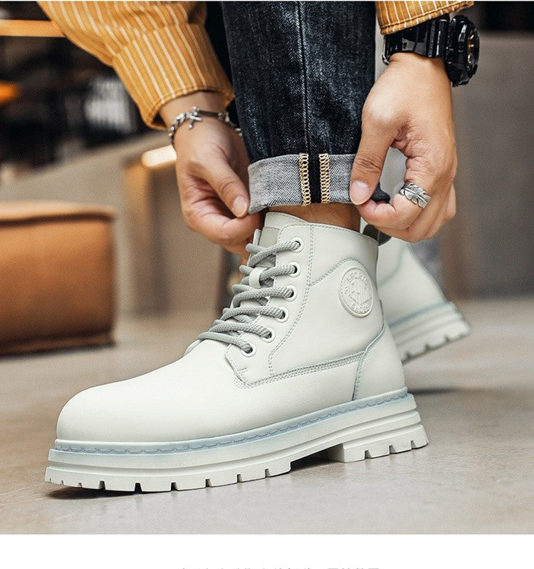 New winter men's shoes rain boots motorcycle leather shoes plush warm outdoor leisure high-top lace-up women's boots